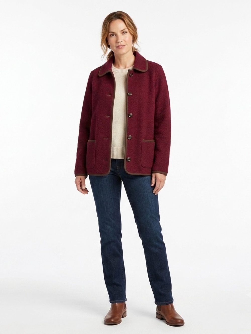 L.L. Bean Burgundy 100% Wool Button Front Jacket Coat Medium